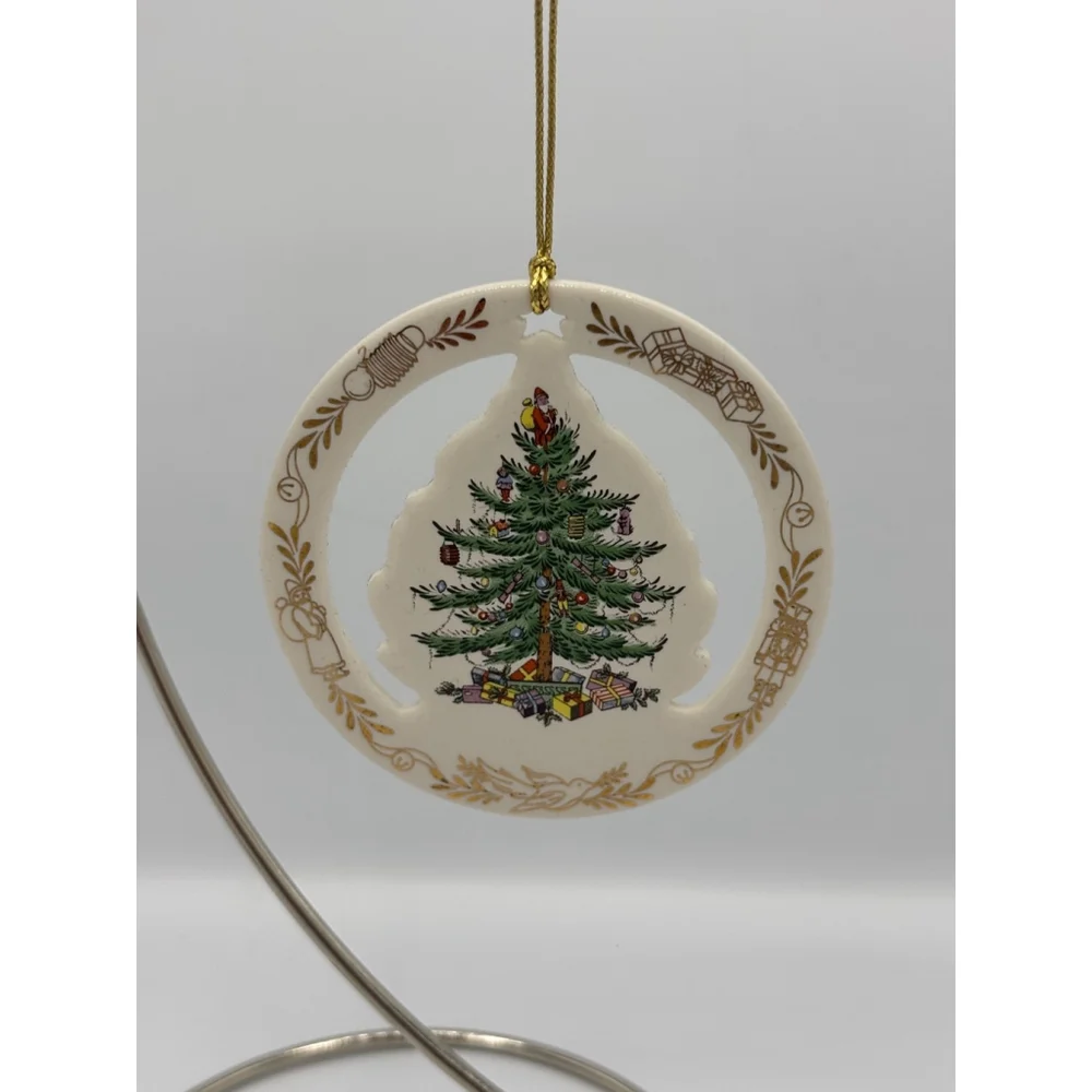 Vintage 1990s Spode Christmas Tree Ornament Ceramic Round Cutout Gold Trim Box
